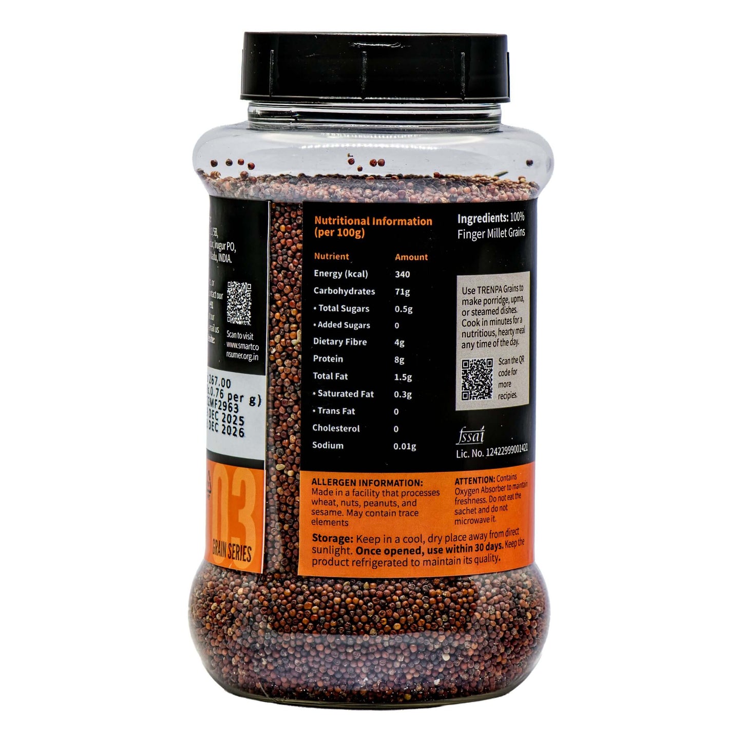 Container of dried finger millet with nutritional label on a white background