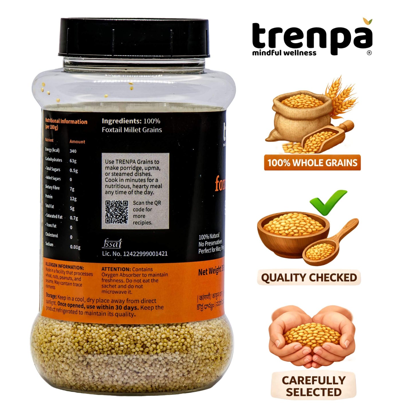 Jar of trenpa grains with branding and product information on a white background