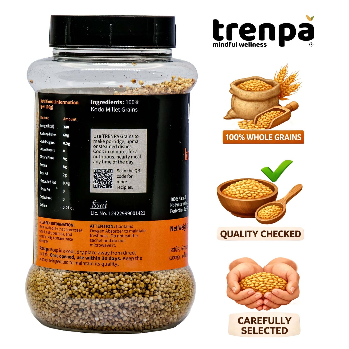 Container of trenpa Kodo Millet with branding and product information on a white background