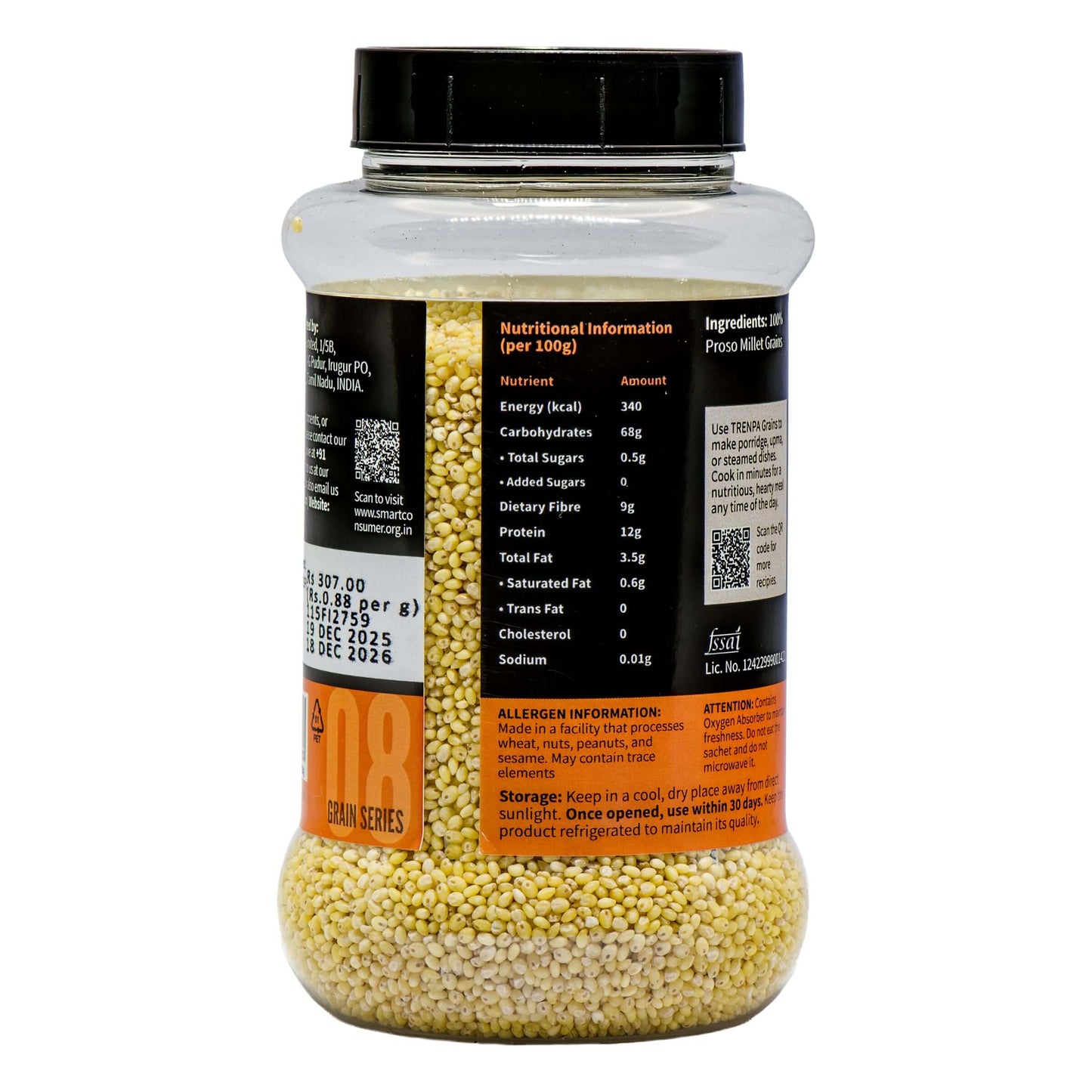 Container of yellow grains with a black label on a white background