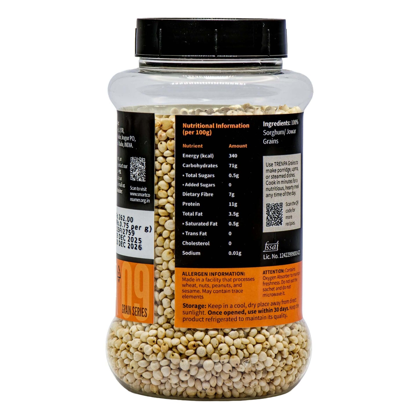 Container of sorghum with nutritional information label on a white background