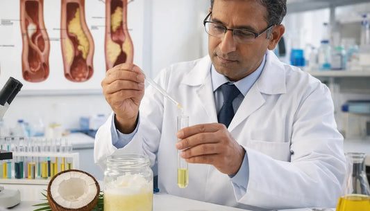 Scientist in a lab holding a test tube with a coconut and diagram of human anatomy in the background