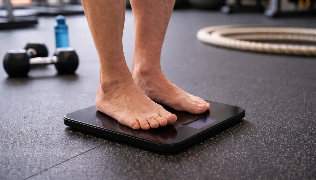 Person standing on a digital scale in a gym setting with weights and exercise equipment in the background.