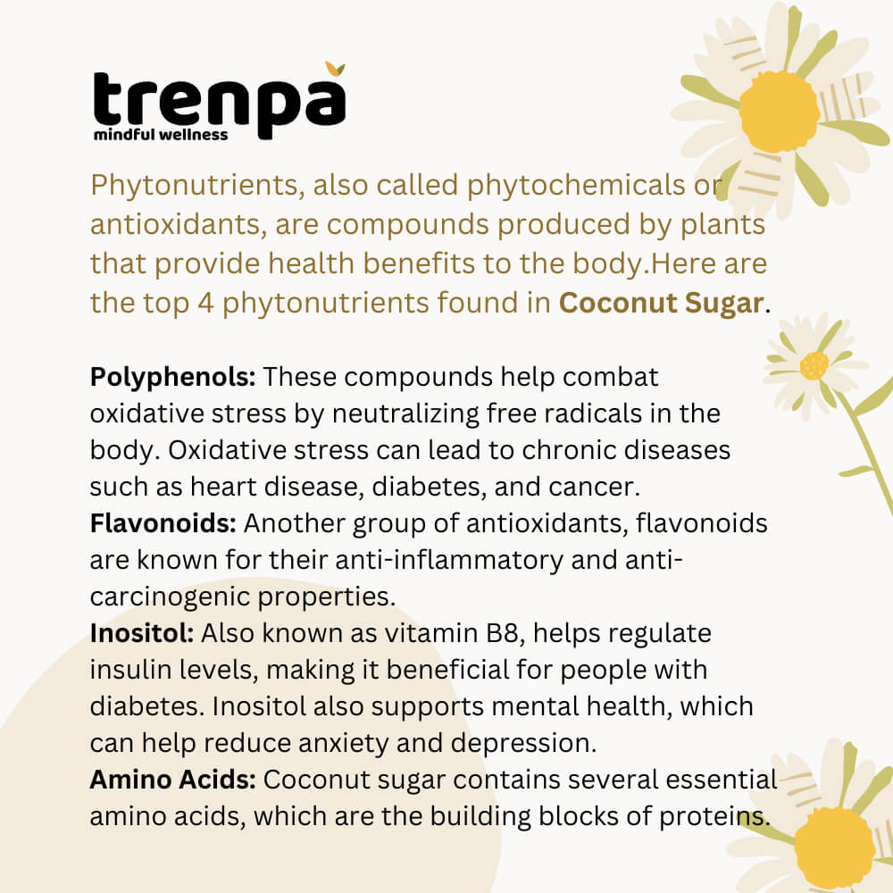Information about phytonutrients in coconut sugar with Trenpa branding and floral elements.