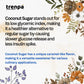 Advertisement for trenpa coconut sugar with text and floral design on a light background