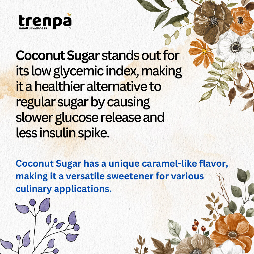 Advertisement for trenpa coconut sugar with text and floral design on a light background