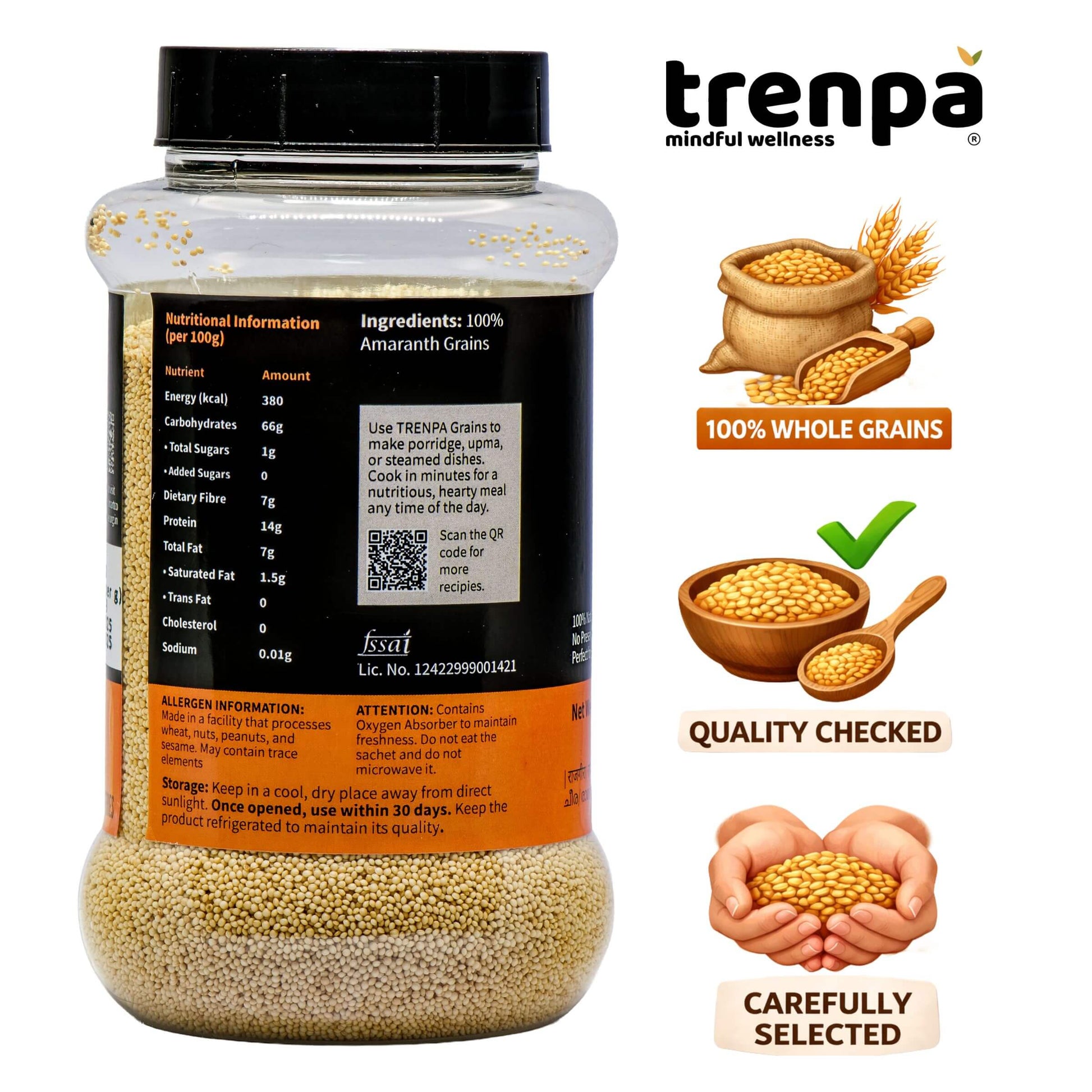 Jar of amaranth grains with Trenpa branding and product details on a white background