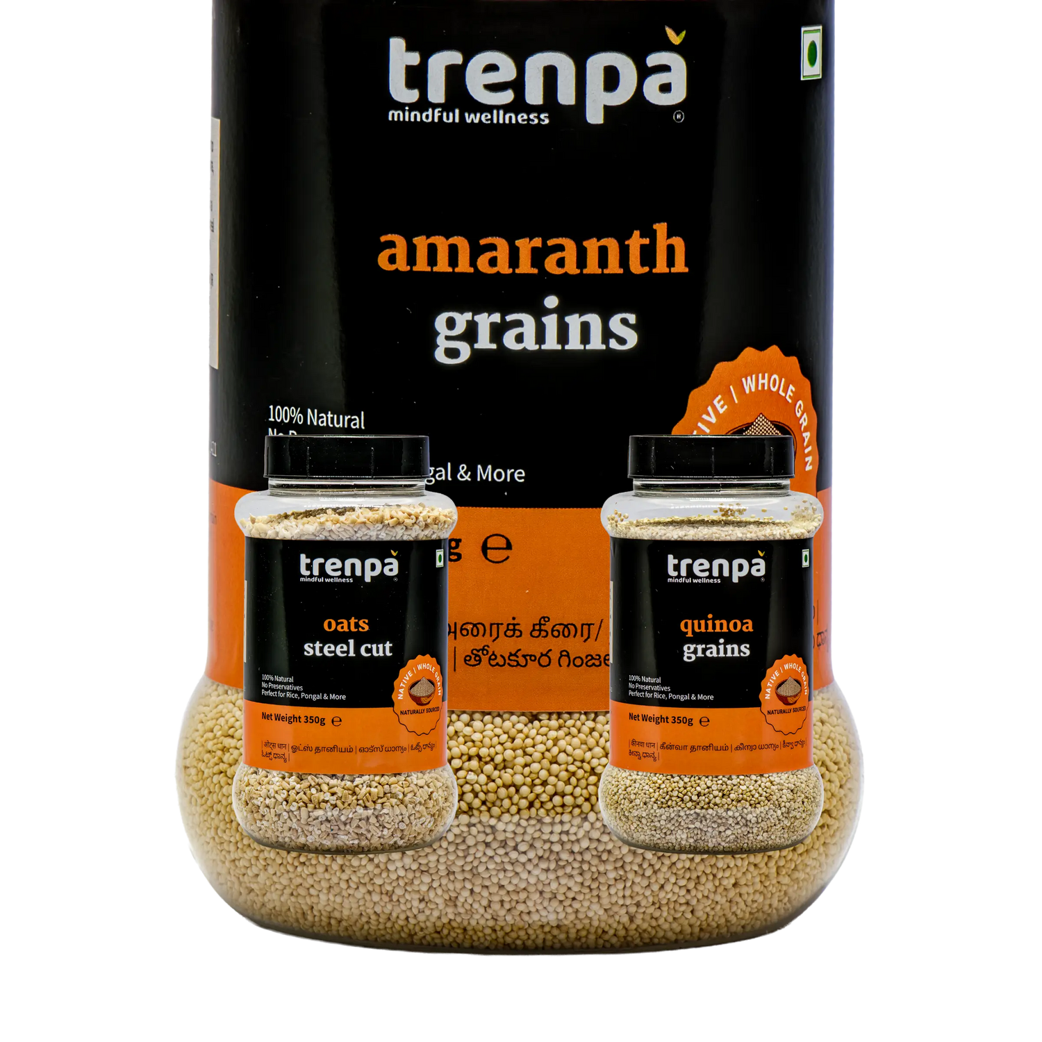 Trenpa amaranth grains packaging with smaller jars of oats and quinoa on a white background