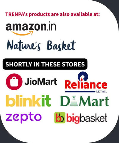 List of online retailers where products are available, including Amazon.in, Nature's Basket, Zepto, JioMart, Blinkit, and BigBasket.