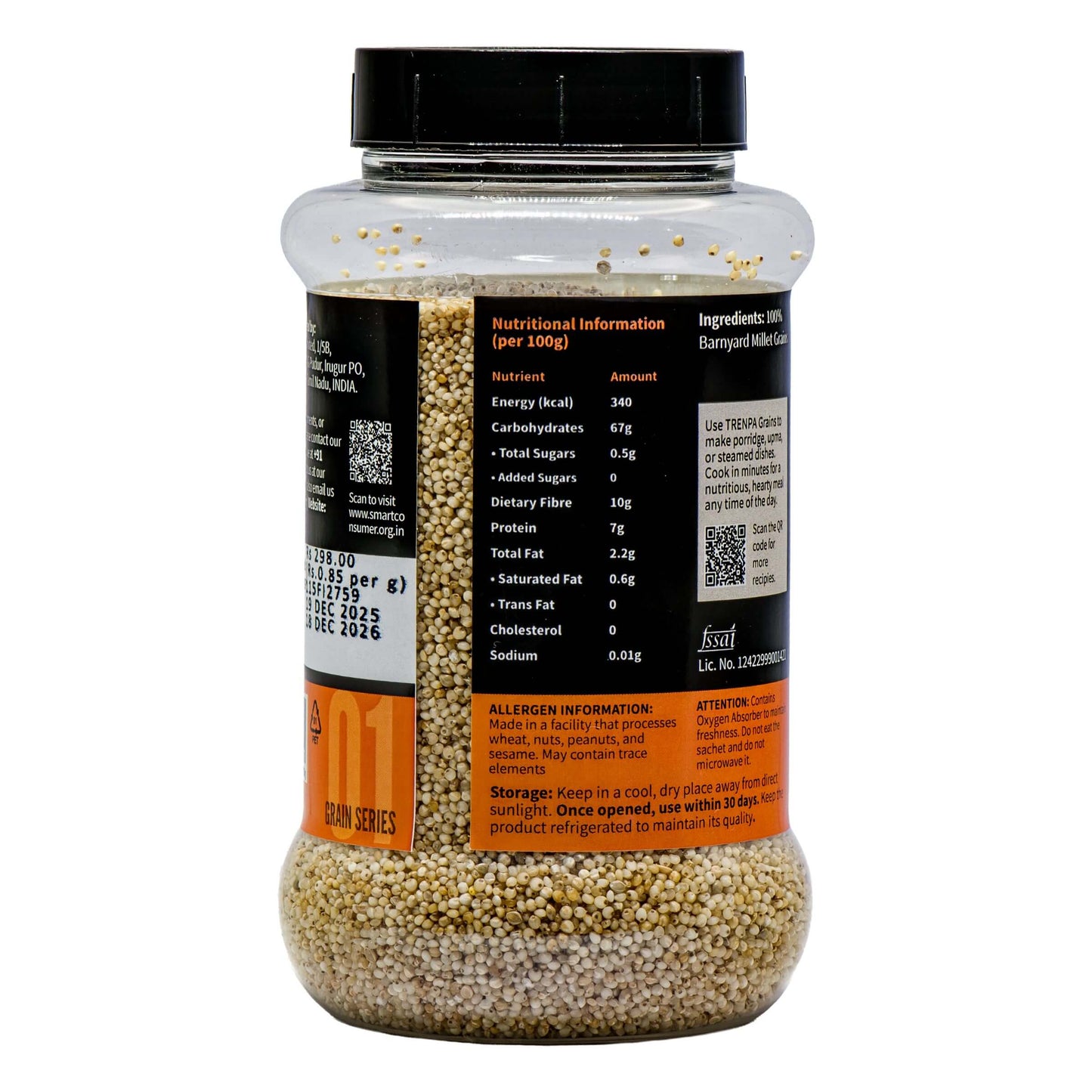 Container of Barnyard Millet Grains with nutritional and ingredient information on a white background