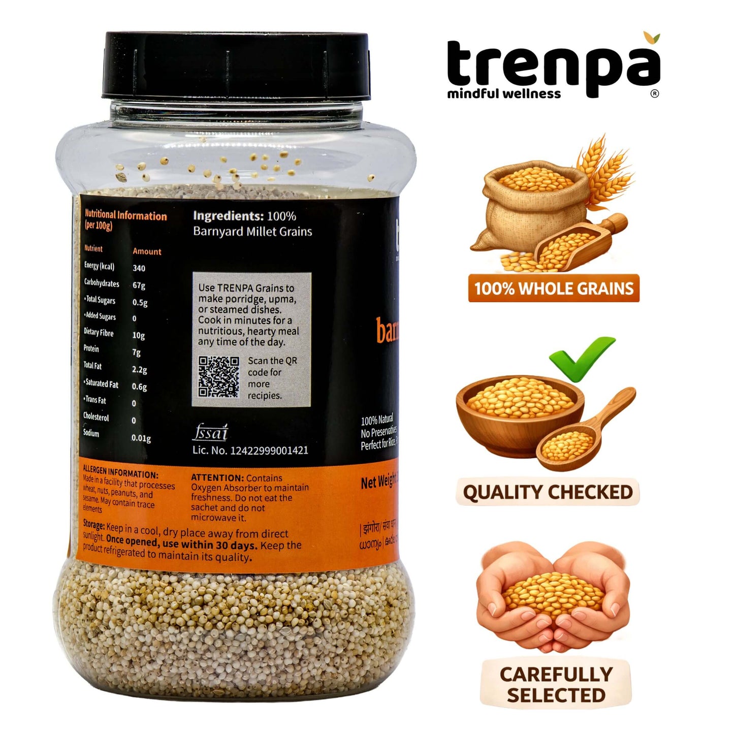 Jar of barnyard millet grains with Trenpa branding and product information on a white background.
