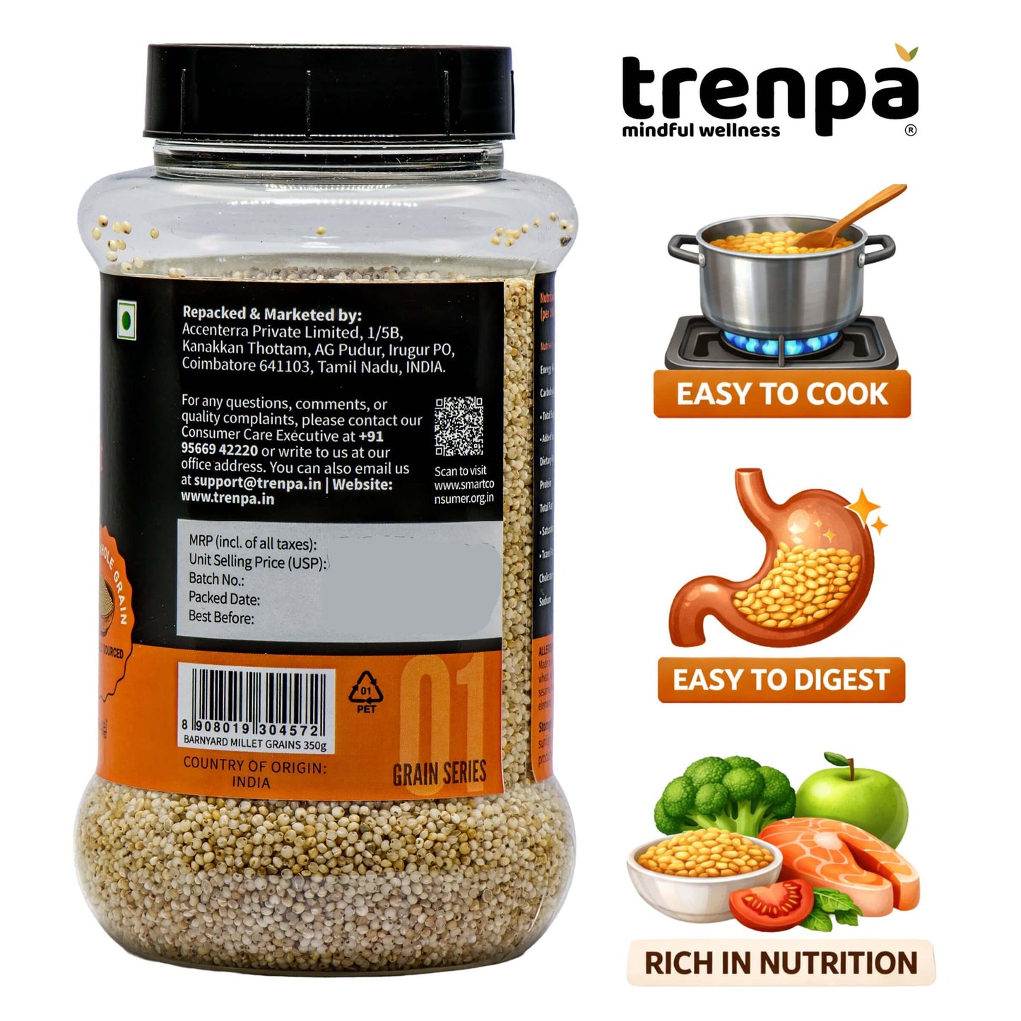 Jar of Barnyard Millet Grains with product features on a white background