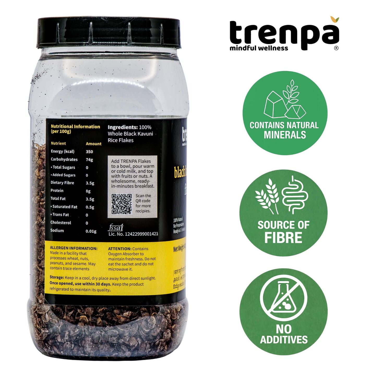 Trenpa jar of black kavuni rice flakes with nutritional information and health benefits on a white background
