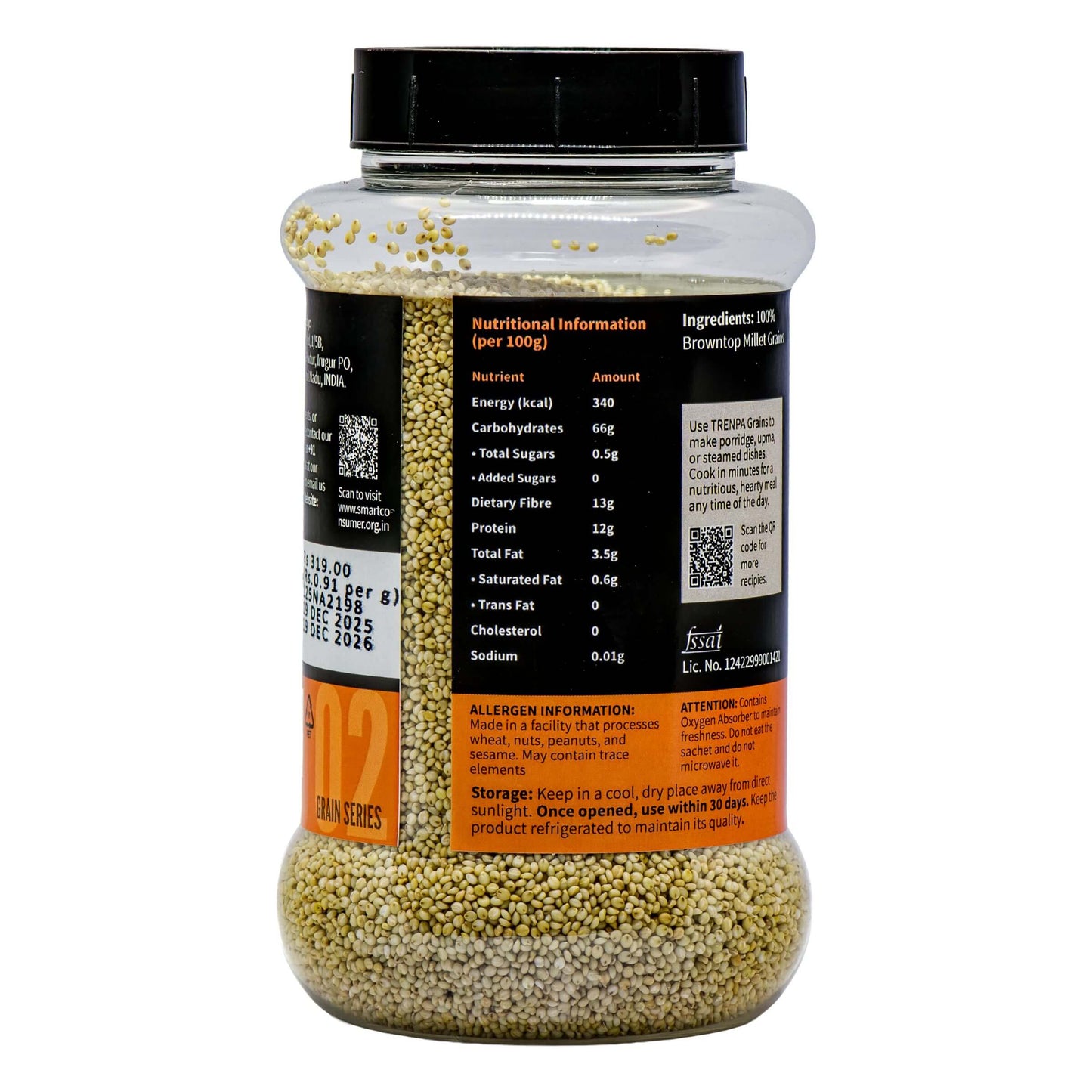 Bottle of dried grains with a label showing nutritional information and ingredients.