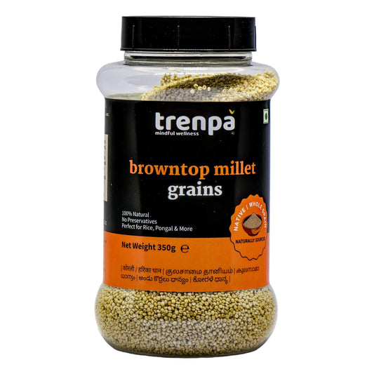 Jar of trenpa browntop millet grains on a white background