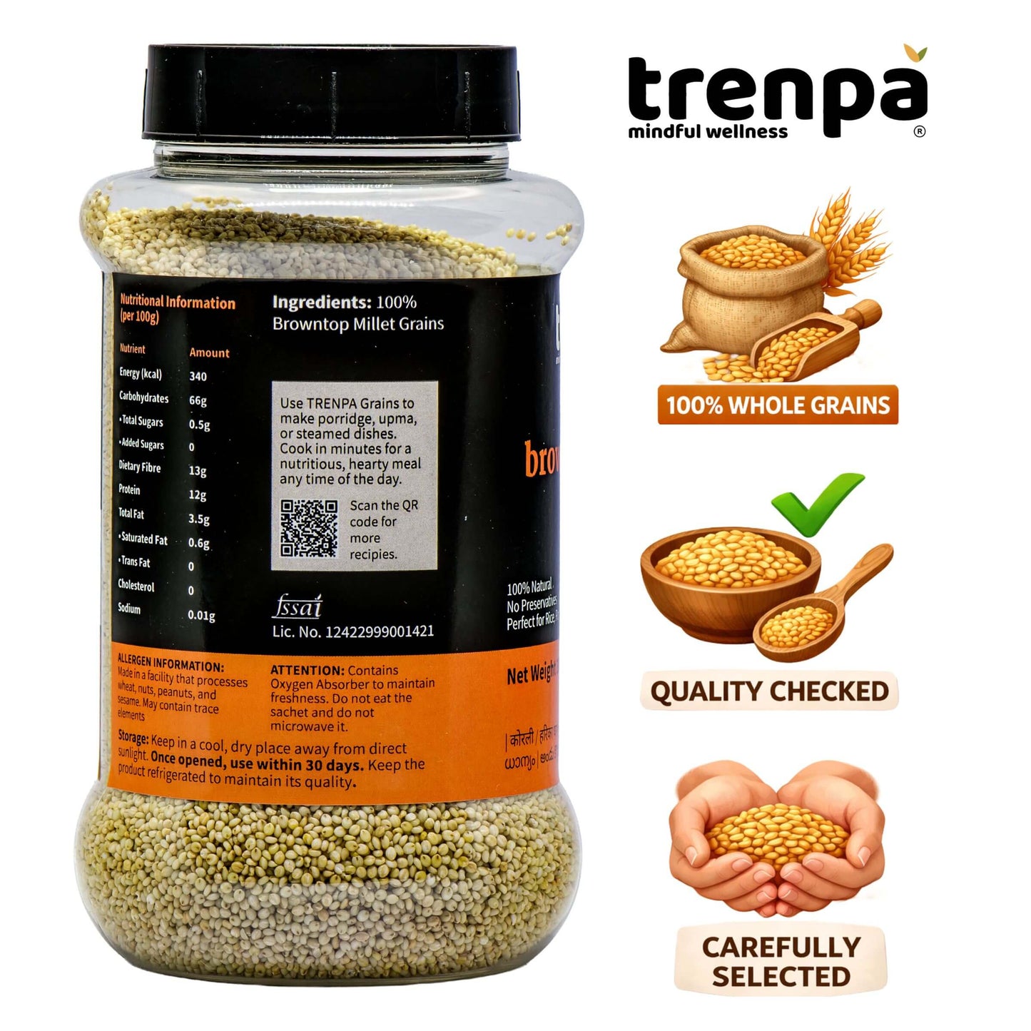 Jar of trenpa browntop millet grains with brand logo and product information on a white background