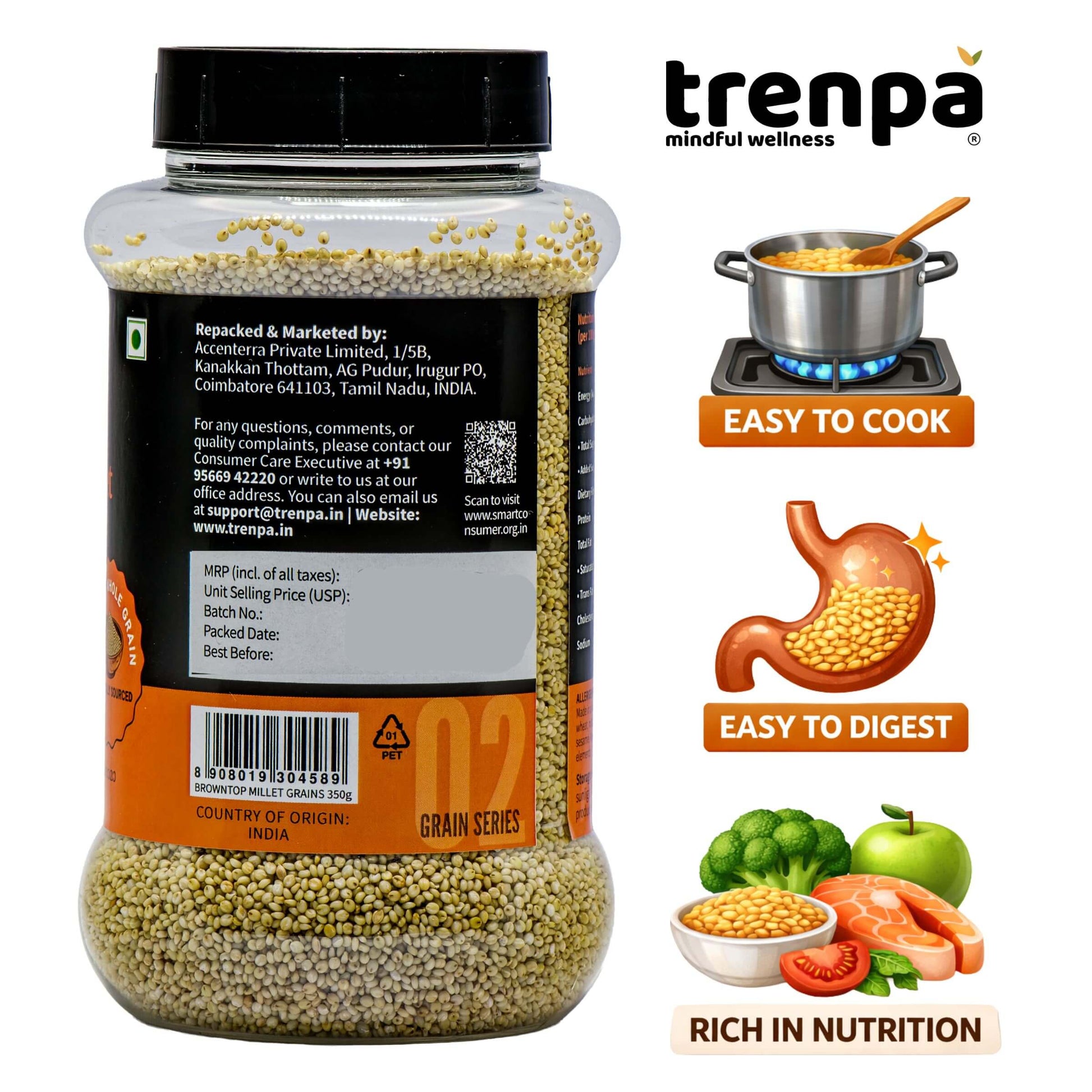Jar of trenpa grain with product features on a white background