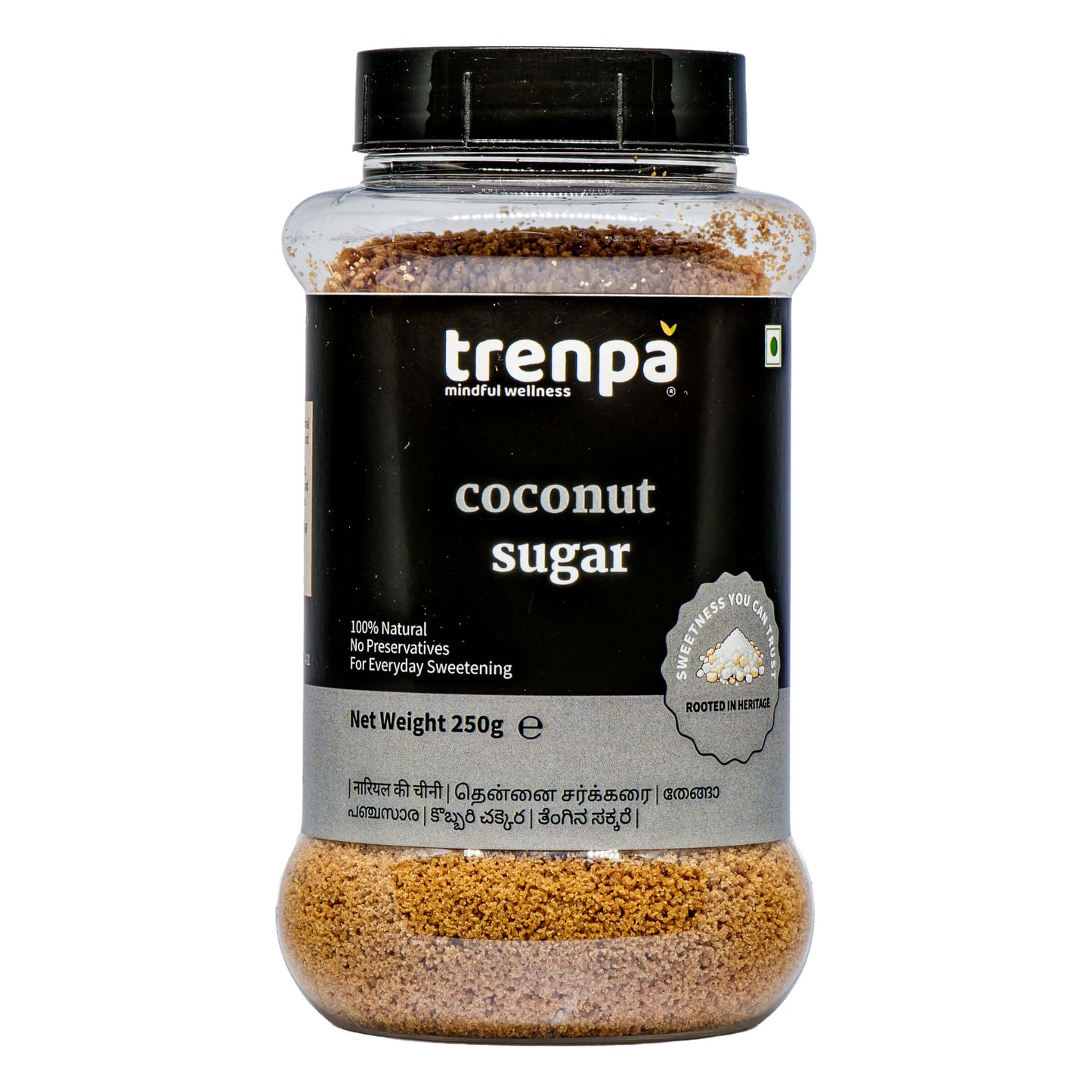 Jar of trenpa coconut sugar on a white background