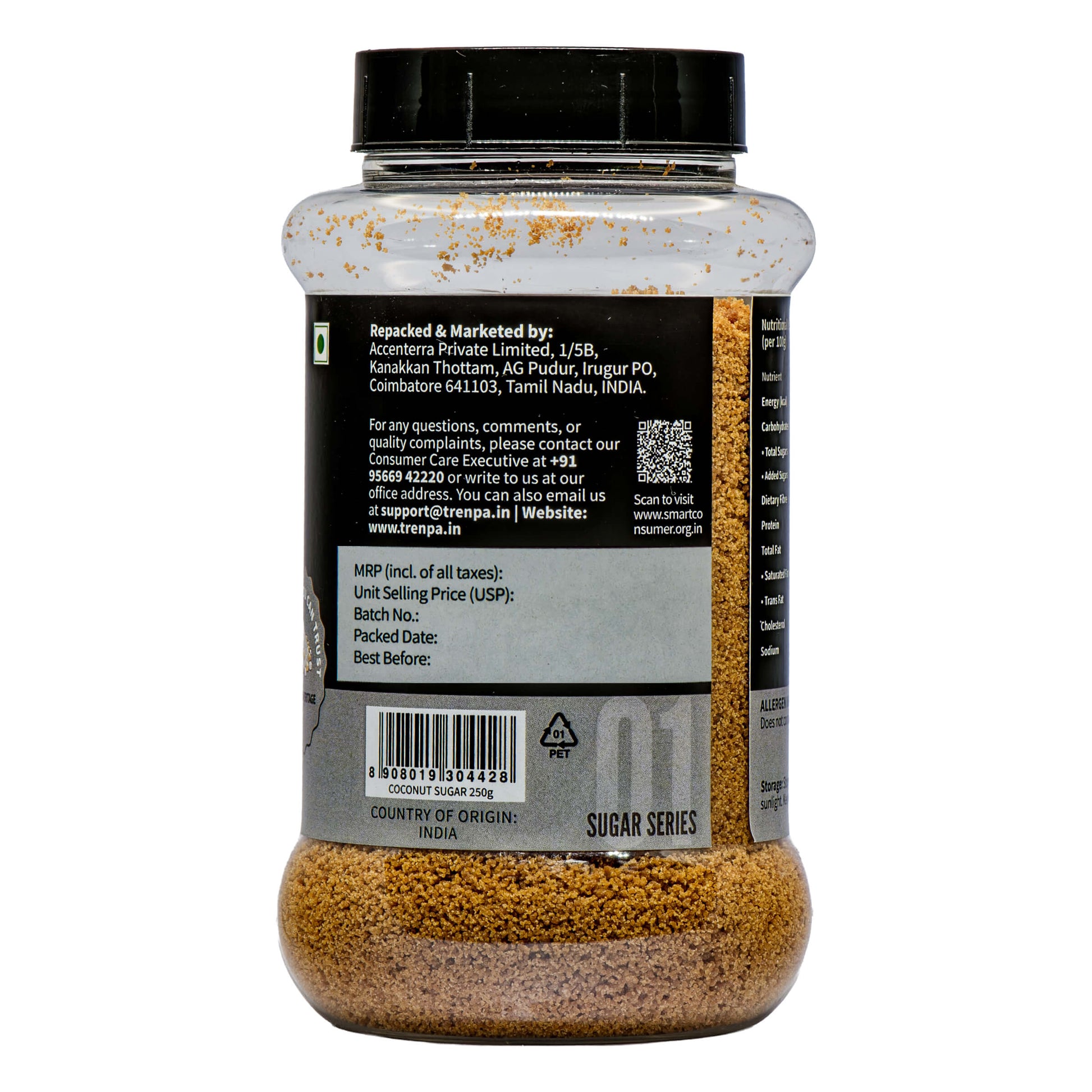 Back view of a container with text and a barcode on a white background