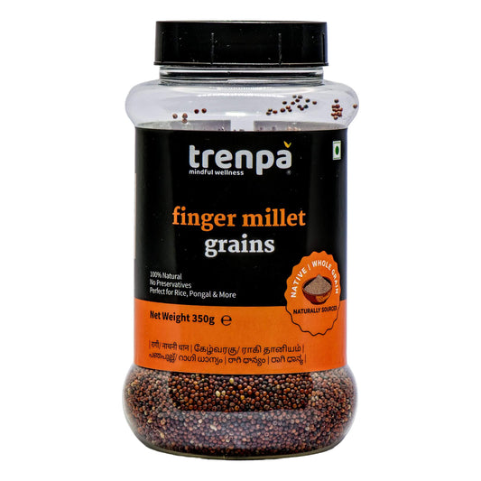 Jar of trenpa finger millet grains on a white background