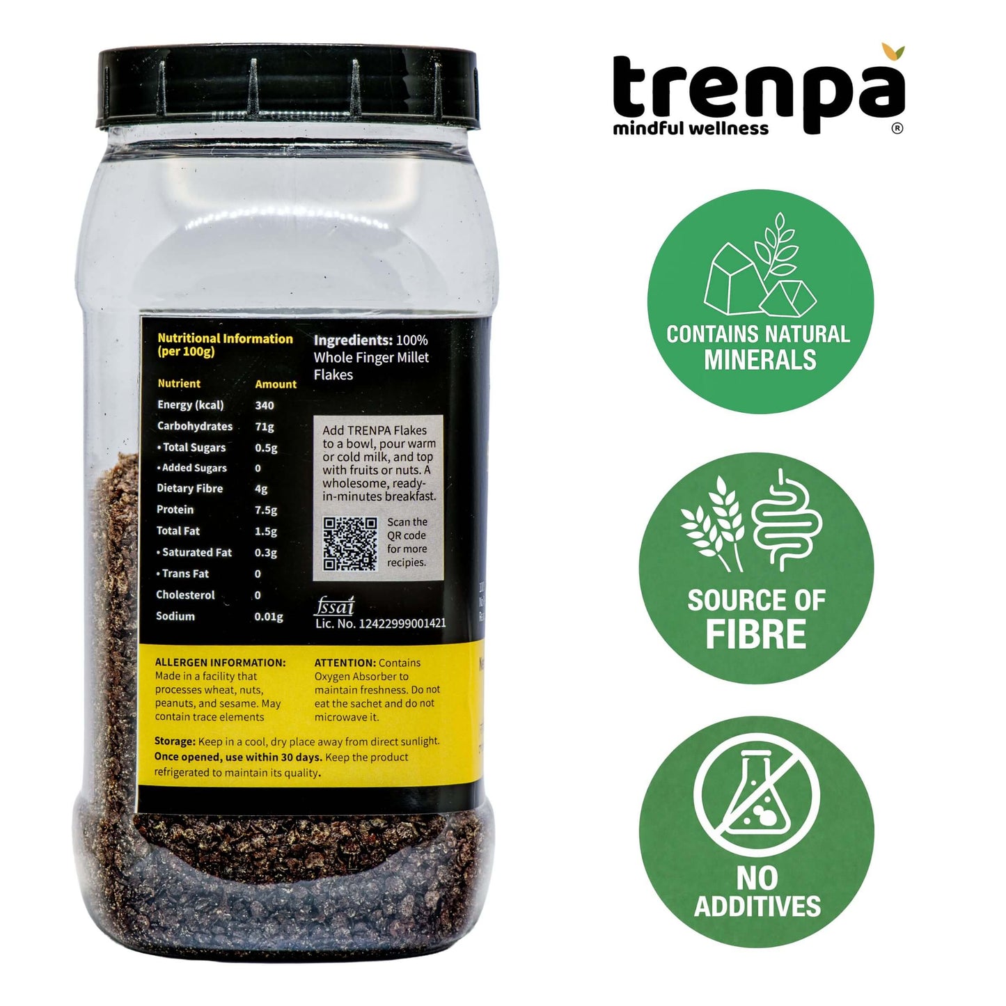 Container of Trenpa product with nutritional information and health benefits on a white background