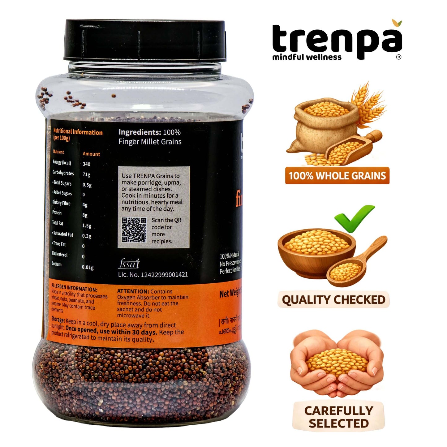 Jar of finger millet grains with Trenpa branding and product information on a white background