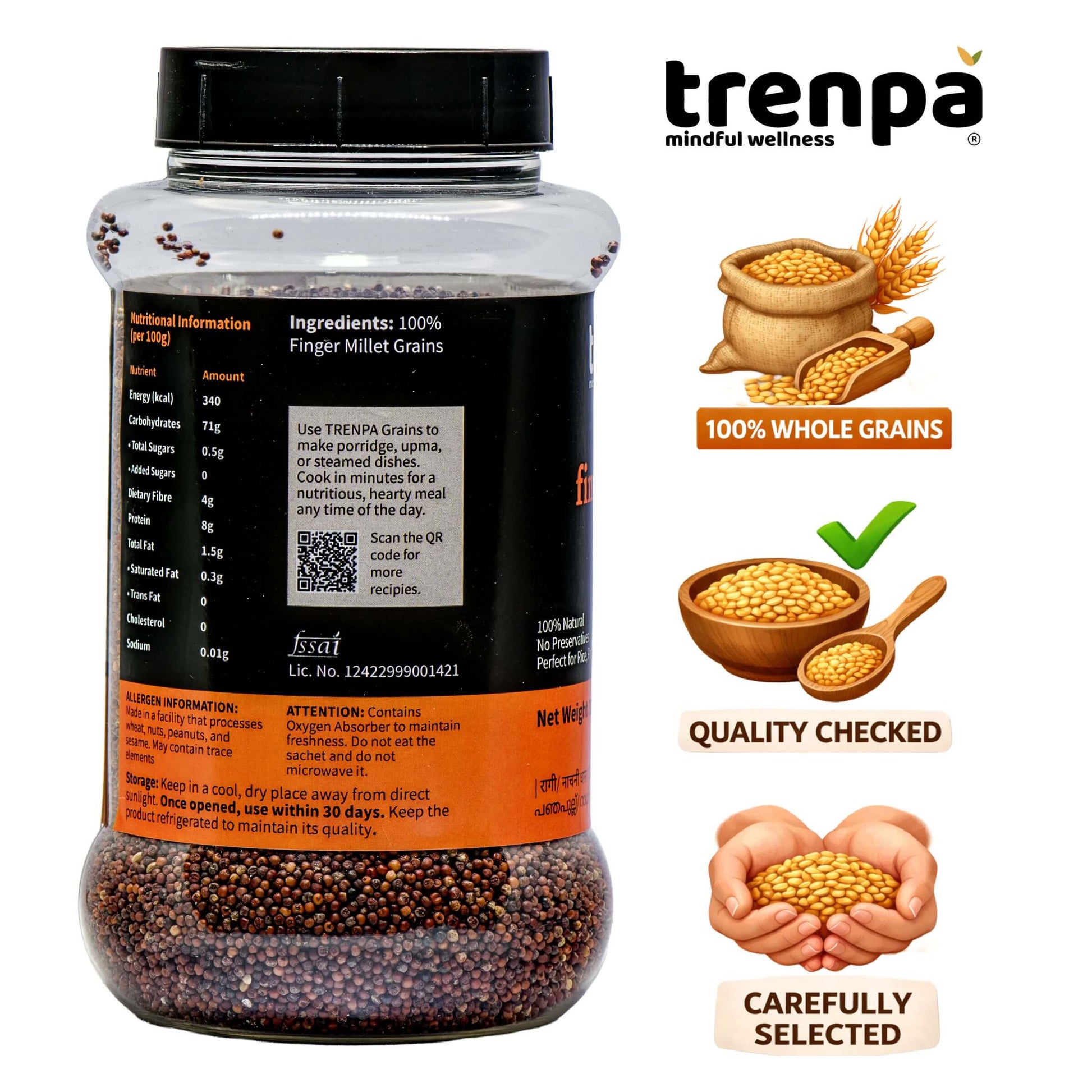 Jar of finger millet grains with Trenpa branding and product information on a white background