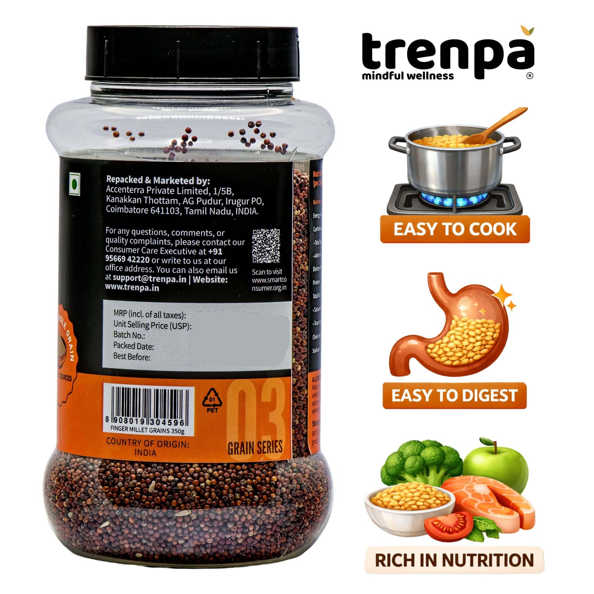 Jar of trenpa grains with health benefits and cooking information on a white background