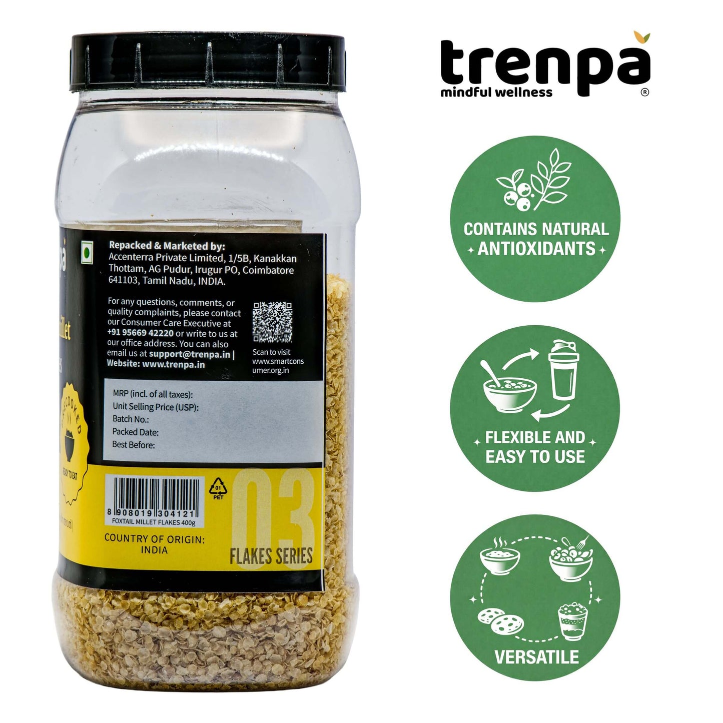 Trenpa jar with nutritional information and product features on a white background