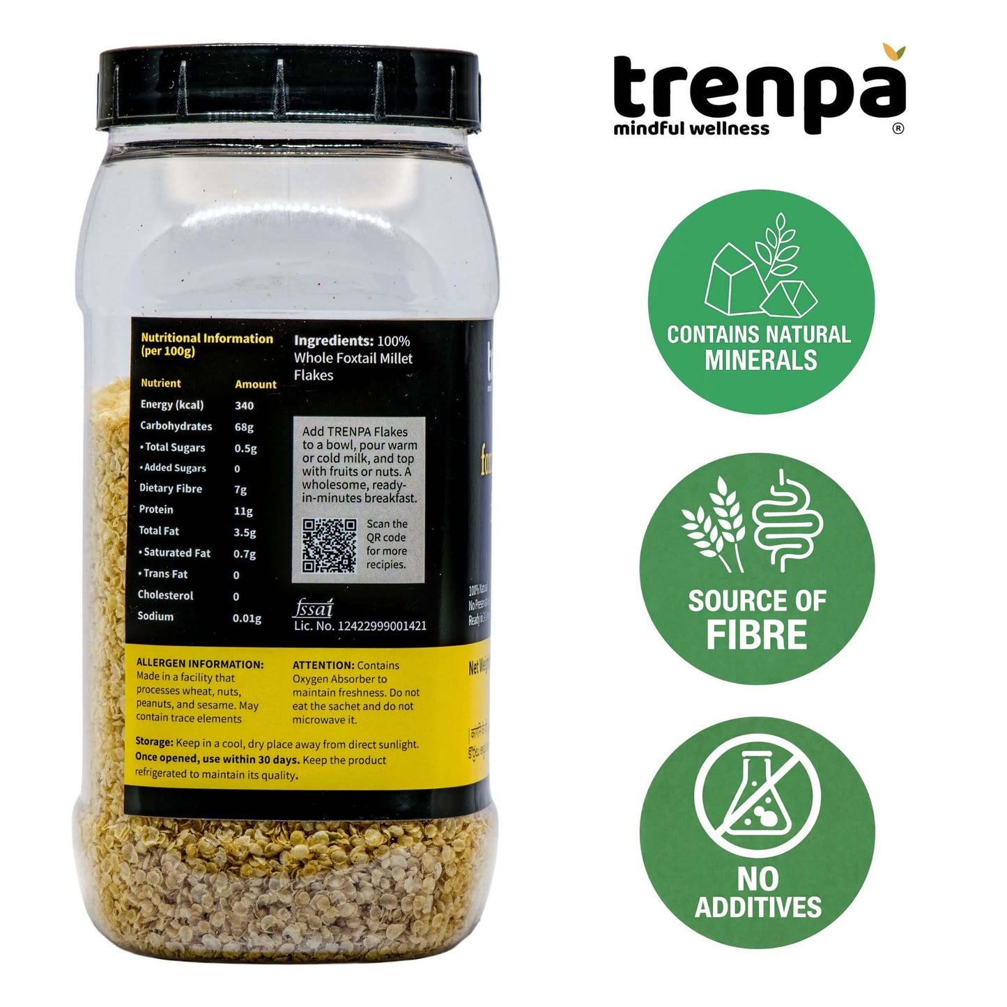 Trenpa product container with nutritional information and health benefits on a white background