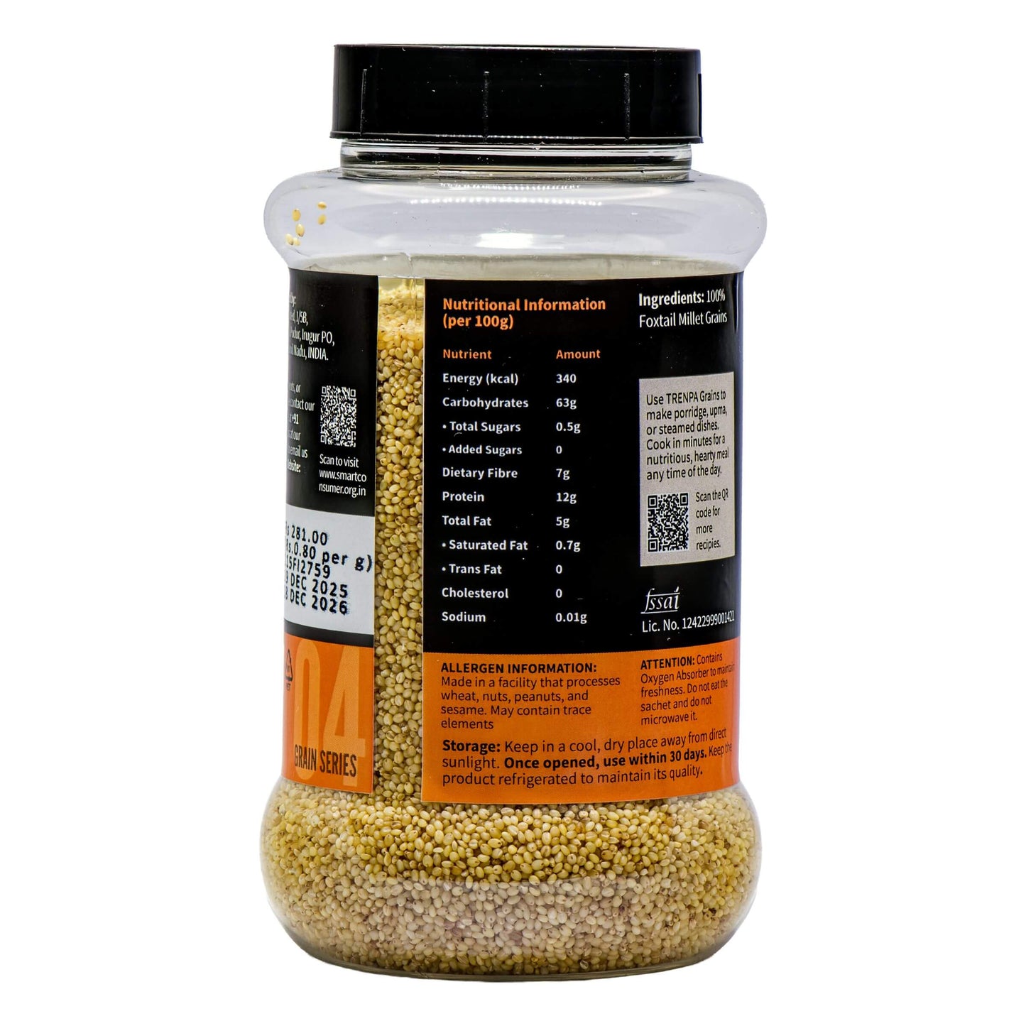 Jar of yellow grains with a black lid on a white background