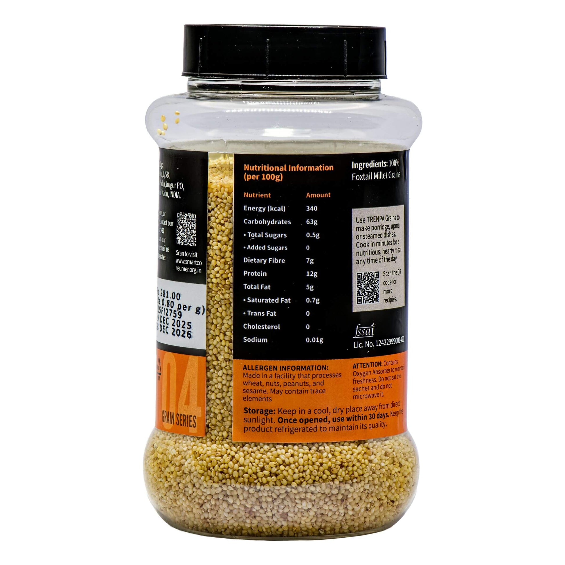 Jar of yellow grains with a black lid on a white background