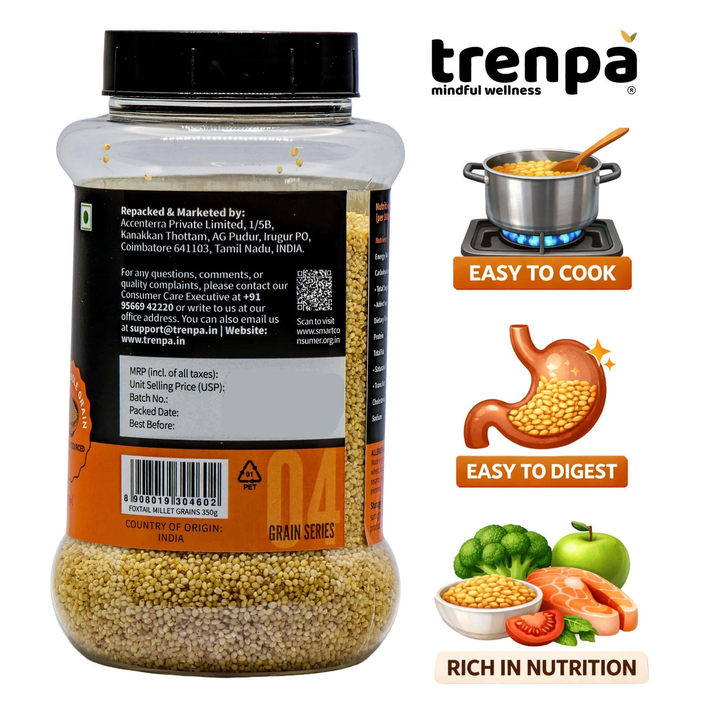 Container of trenpa grain series with branding and product features on a white background