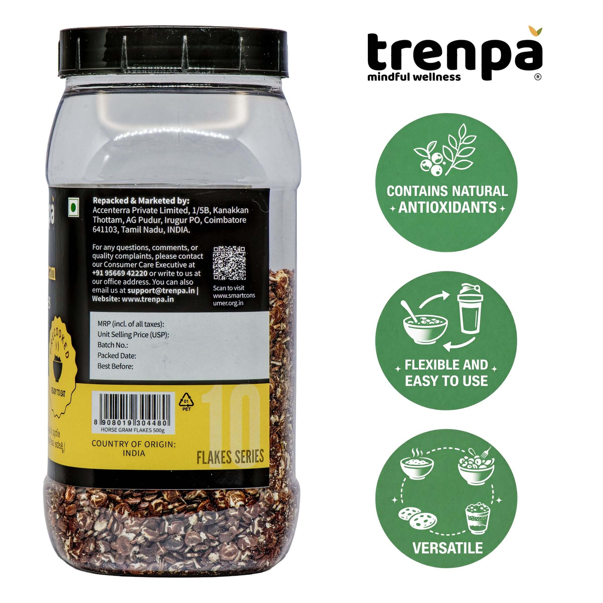 Container of Trenpa flakes with product details and branding on a white background
