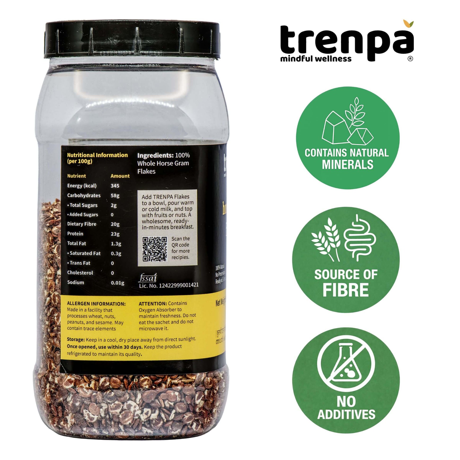 Trenpa product container with nutritional information and health benefits on a white background