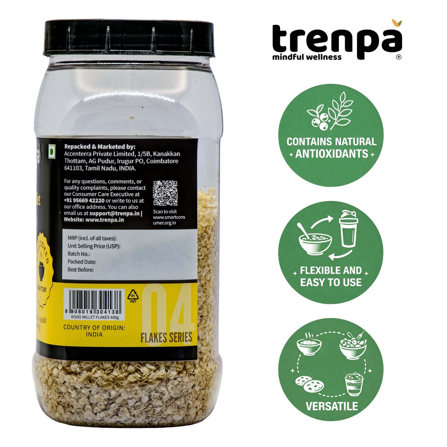 Jar of flakes with Trenpa branding and product features on a white background