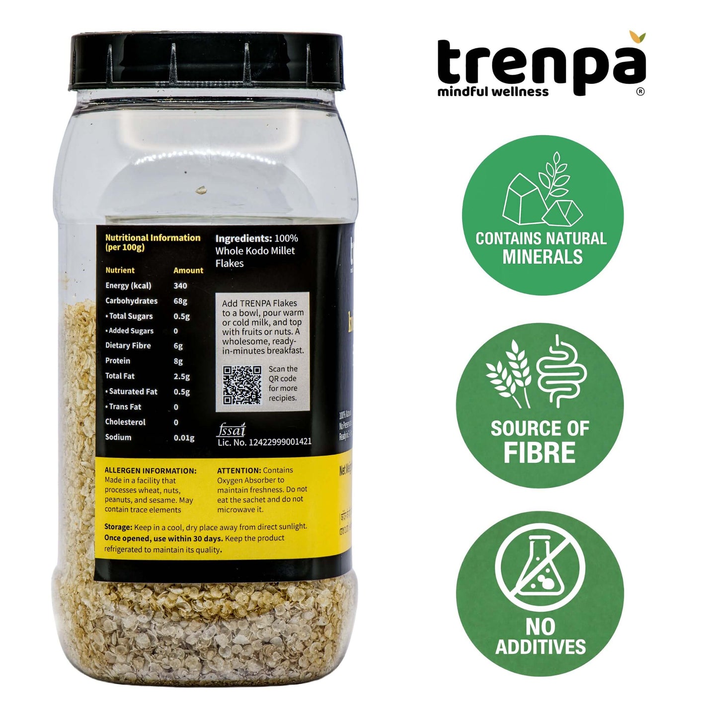 Trenpa product container with nutritional information and health benefits on a white background