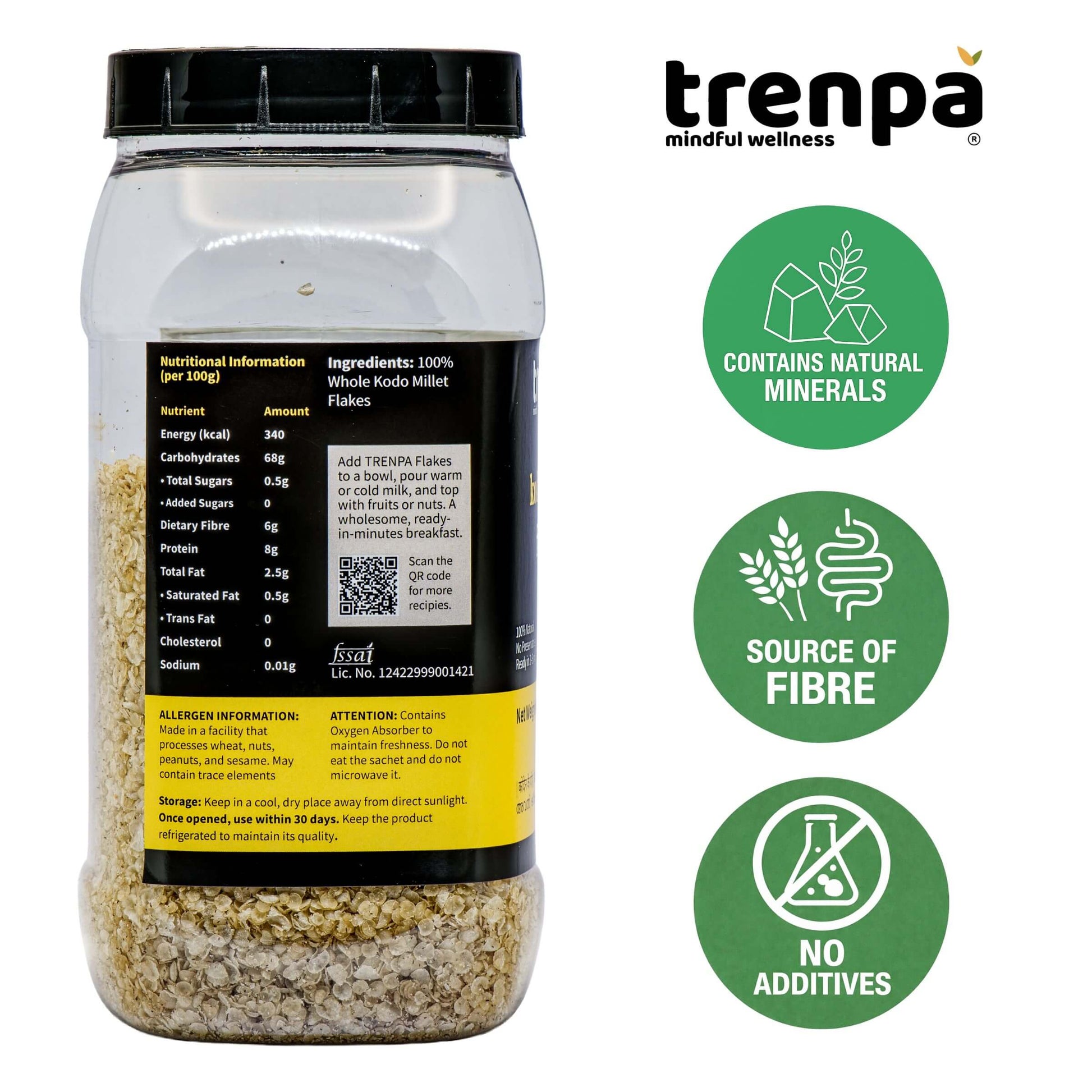 Trenpa product container with nutritional information and health benefits on a white background