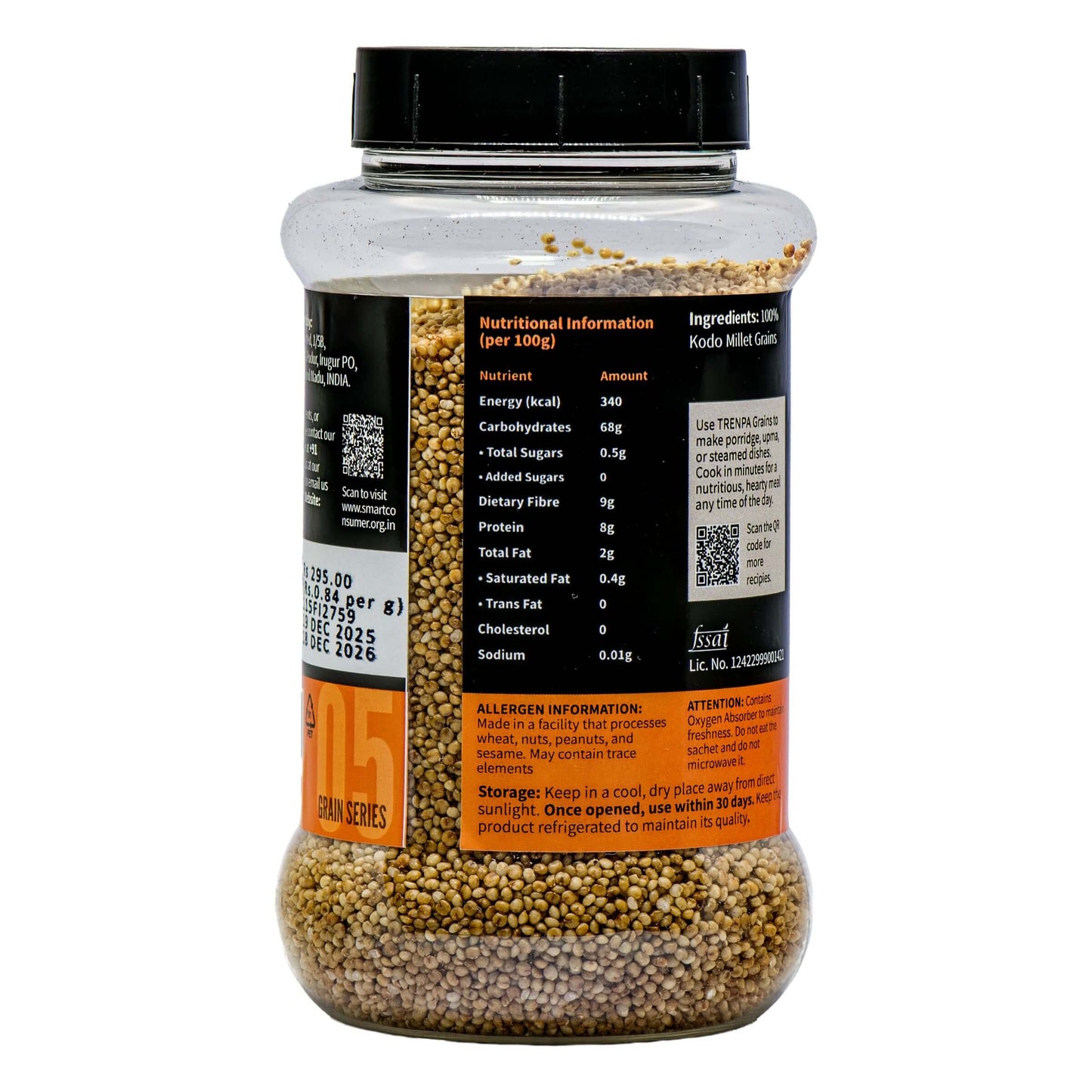 Container of mustard seeds with nutritional information label on a white background