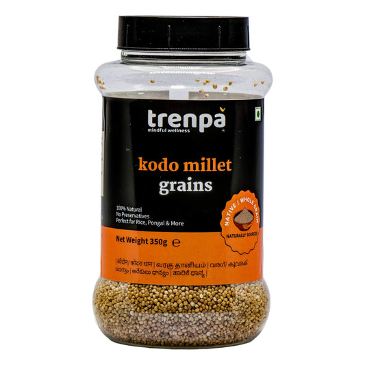 Jar of Trenpa kodo millet grains on a white background