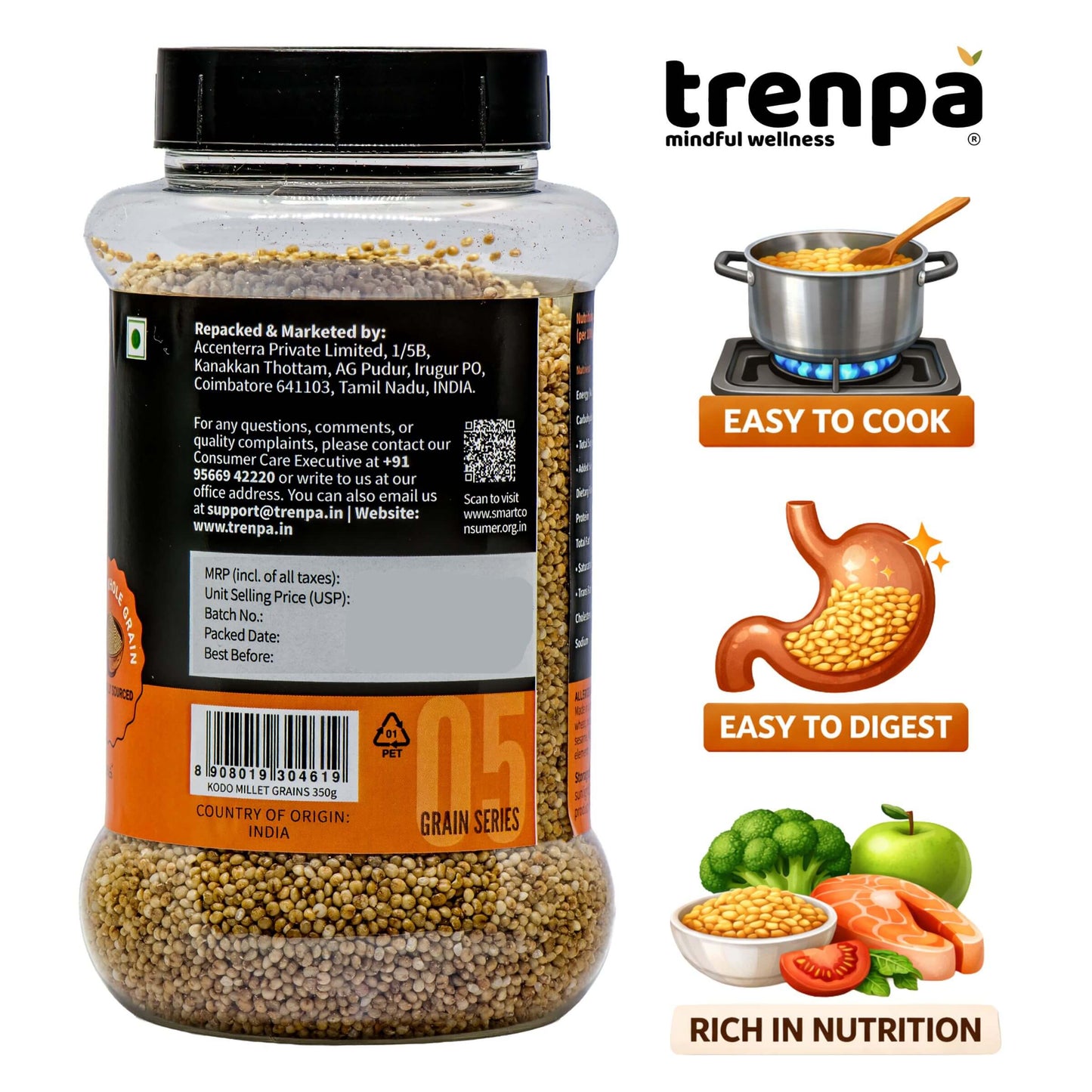 Jar of trenpa product with health benefits and cooking information on a white background