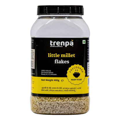 Jar of trenpa little millet flakes on a white background