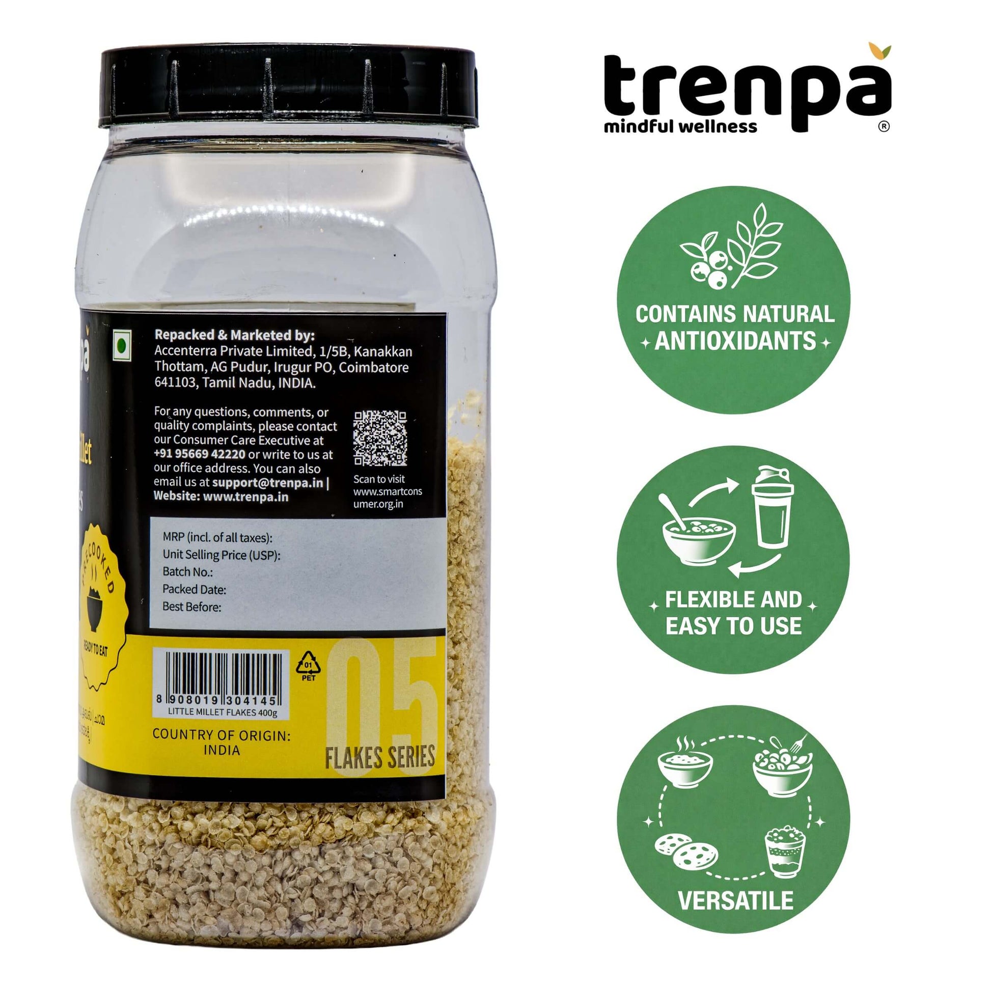 Trenpa jar with nutritional information and product features on a white background