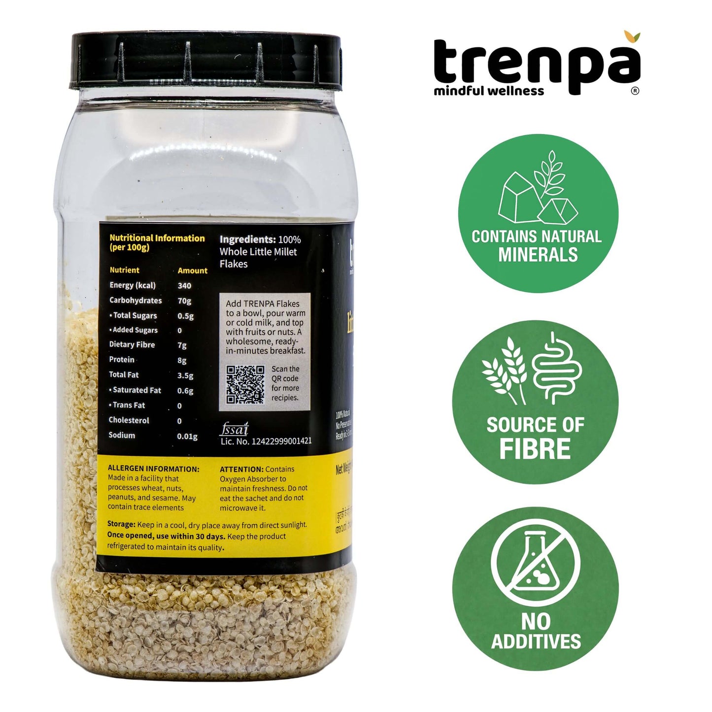Trenpa product container with nutritional information and health benefits on a white background