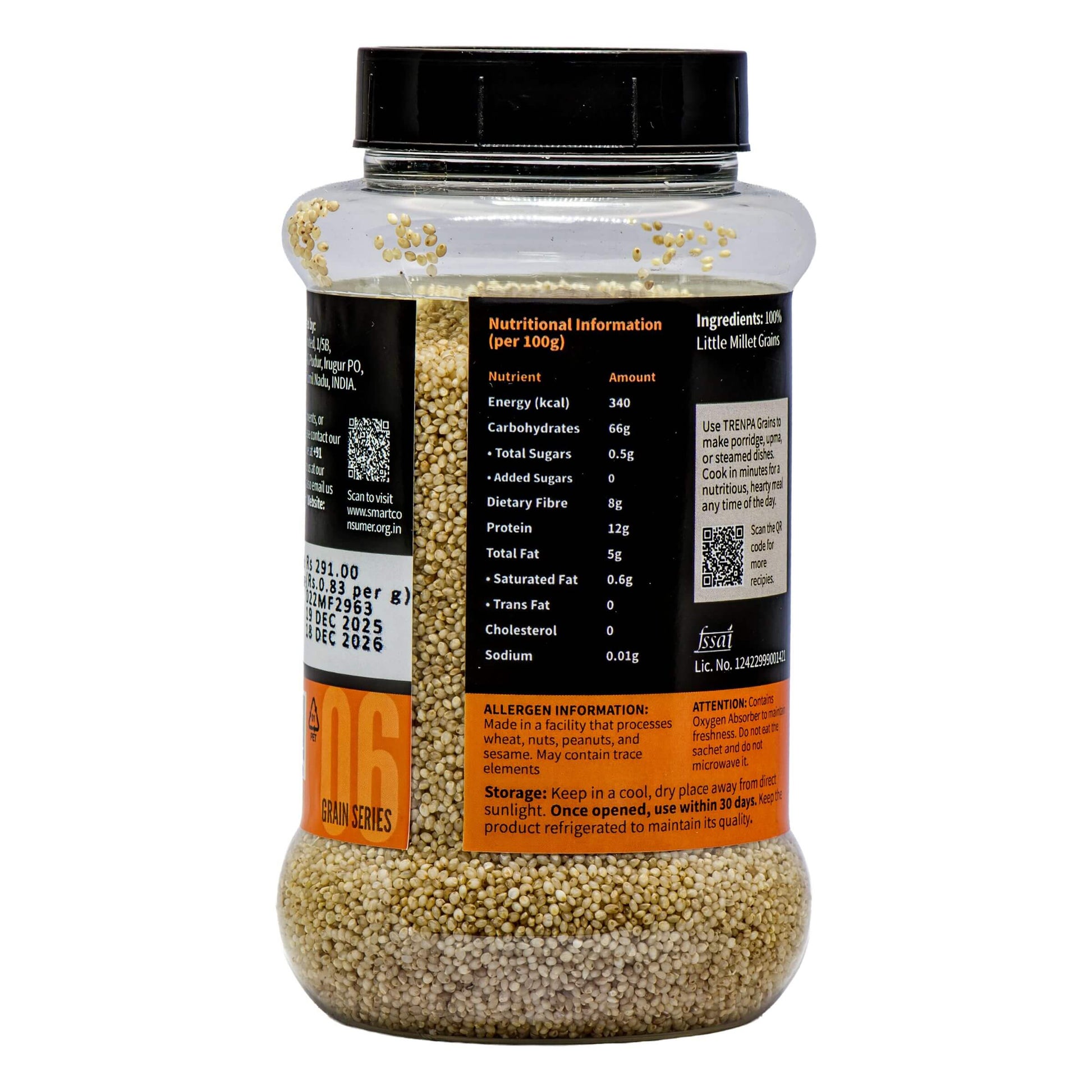 Jar of quinoa with nutritional and ingredient information on a white background