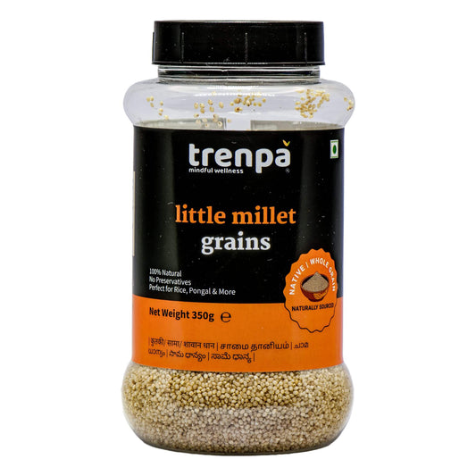 Jar of trenpa little millet grains on a white background