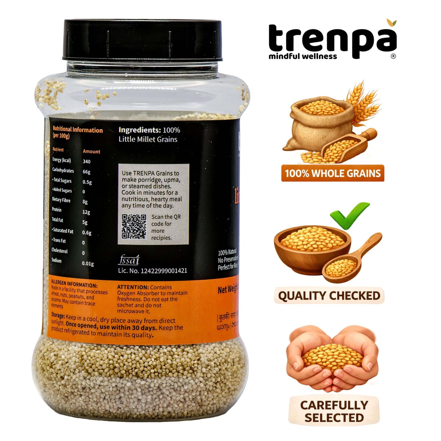 Container of trenpa whole grains with branding and product information on a white background