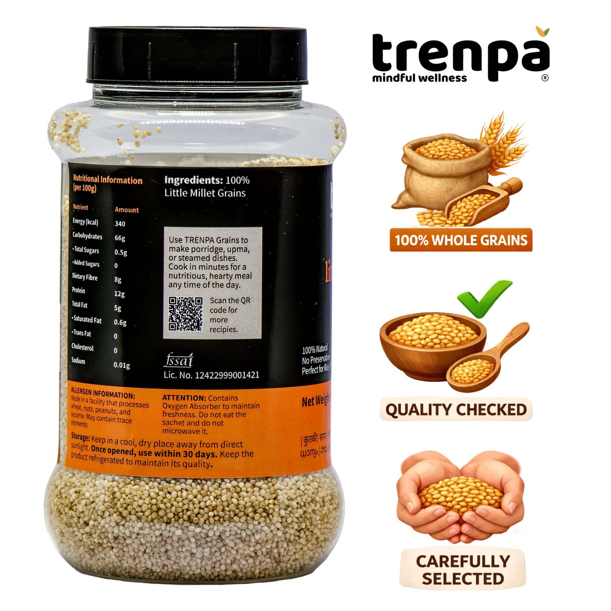 Container of trenpa whole grains with branding and product information on a white background