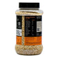 Container of steel-cut oats with nutritional information label on a white background