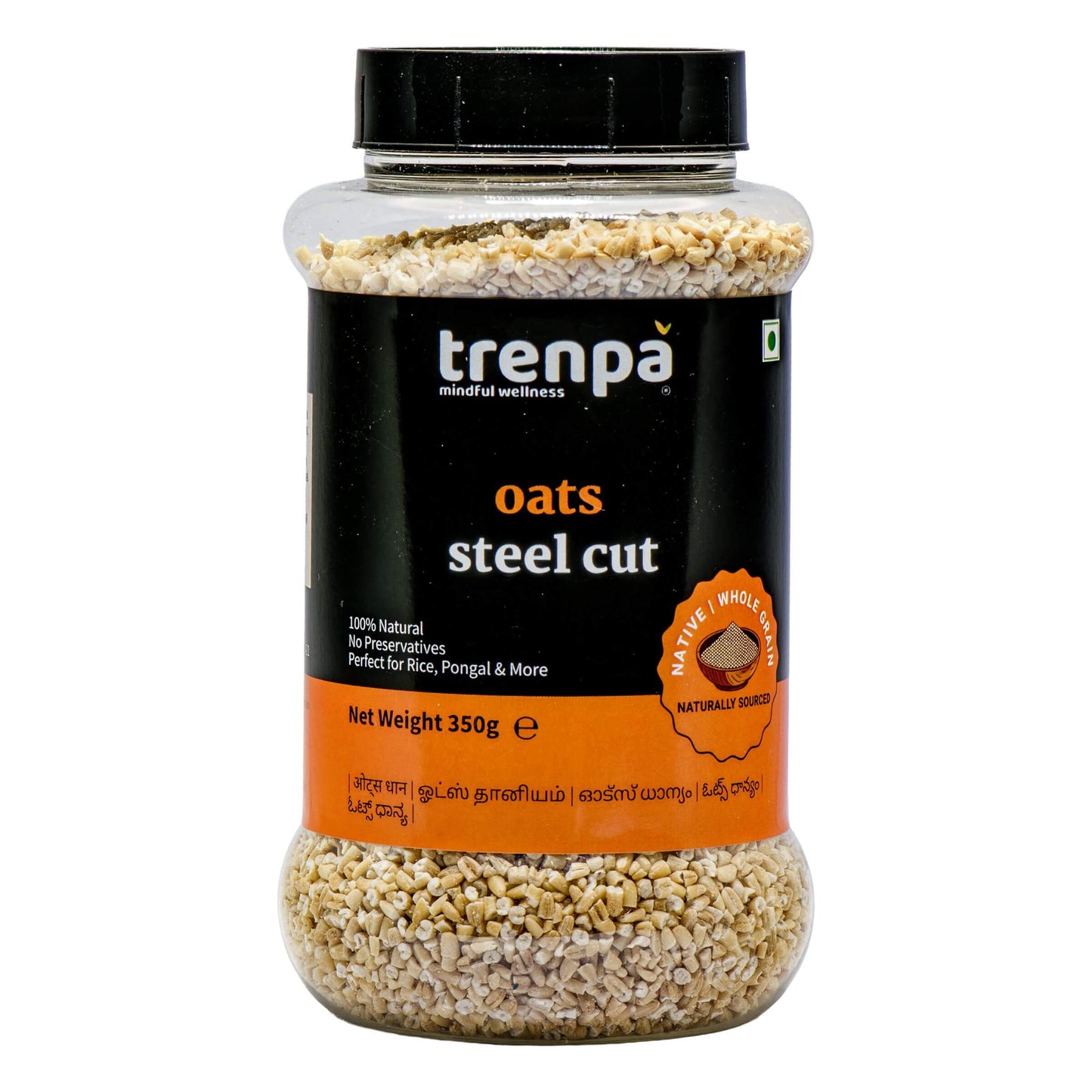 Jar of Trenpa steel cut oats on a white background